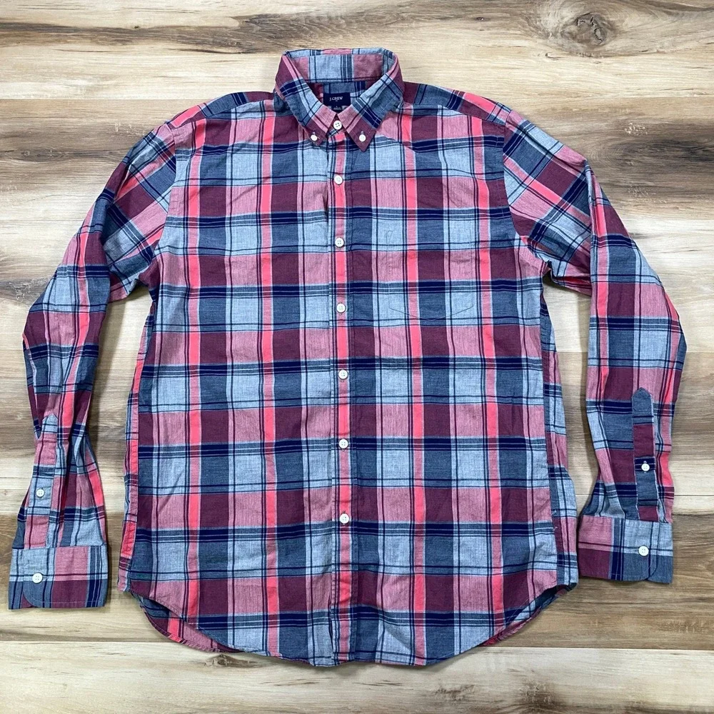 J. Crew Button Down Shirt Mens Large Classic Plaid 100% Cotton Pink Navy Grey